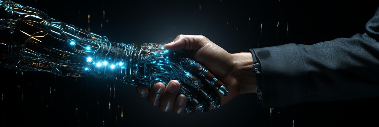 Human And Humanoid Robot Shaking Hands With Ethical Balance Icons