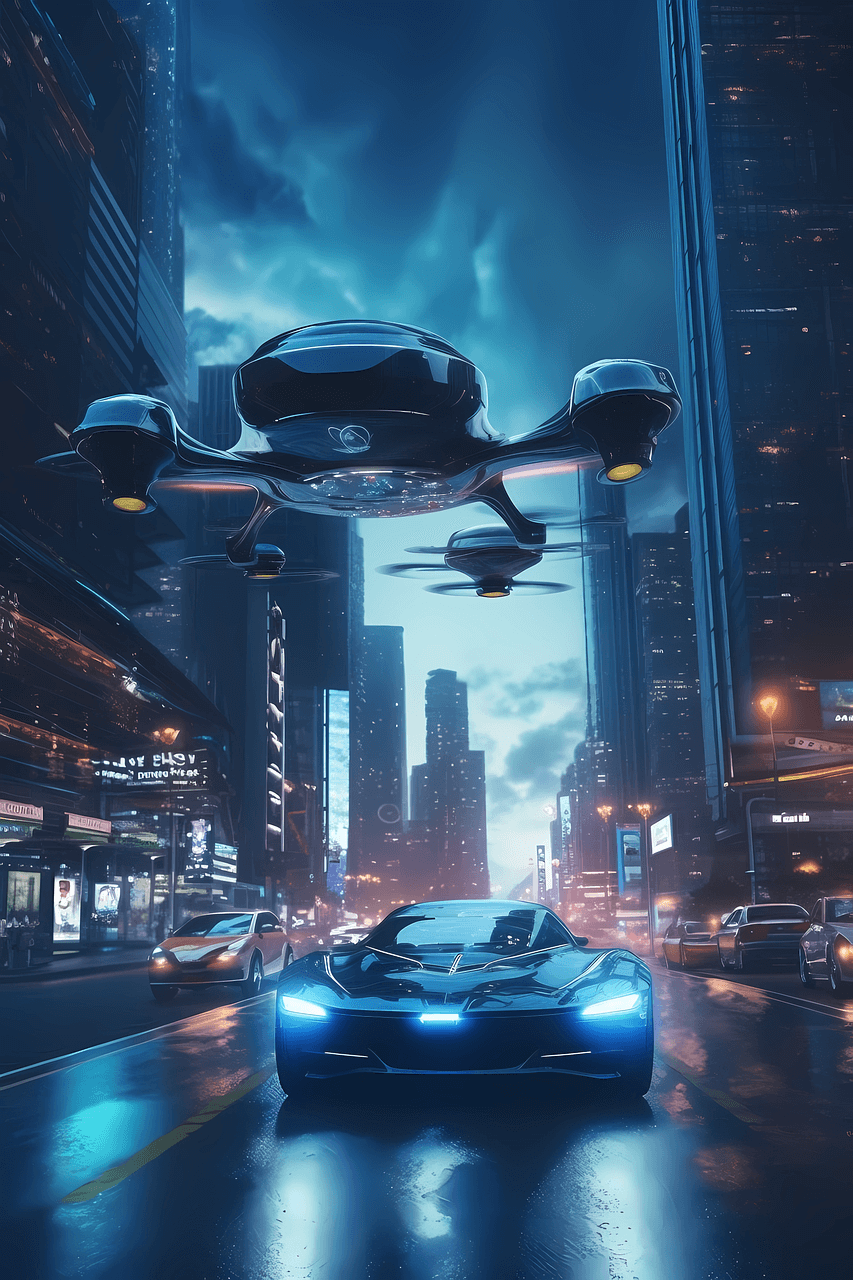 Passenger Drone Hovering Over City Rooftop Pad