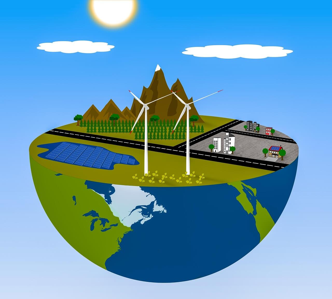 Futuristic Green City with Wind Turbines, Solar Panels, and Smart Infrastructure